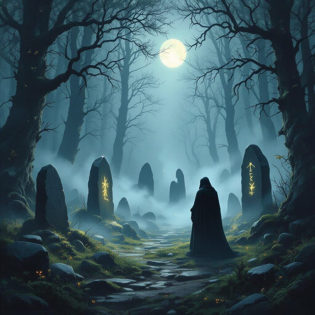 Mystical Forest Clearing With Glowing Runes and Cloaked Figu...