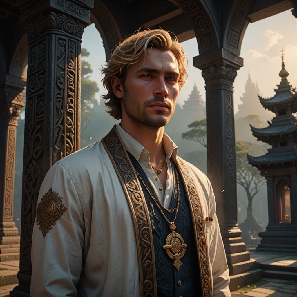 Man in Temple at Dusk, in Photorealistic Style
