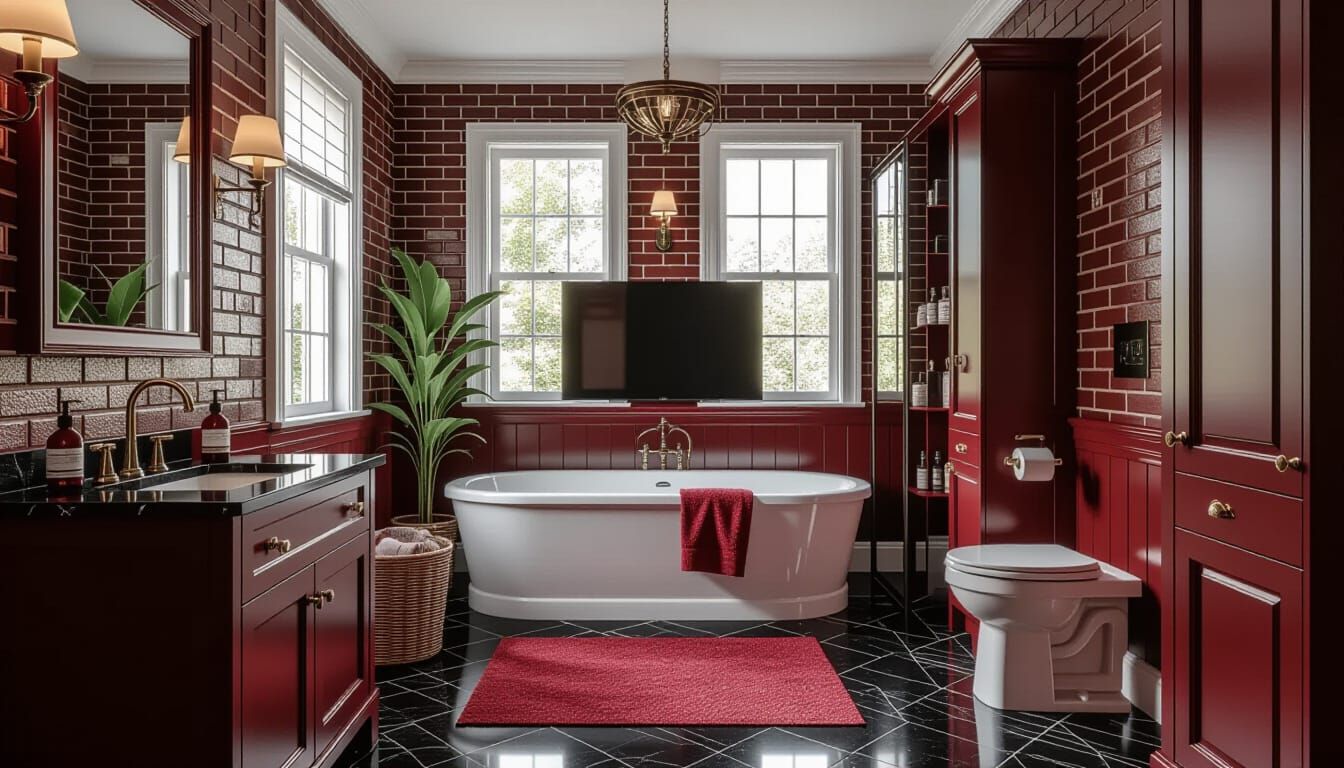 Victorian Bathroom Cinematic Shot with Dark Red and Brick