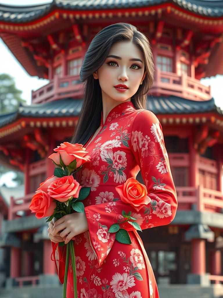 Elegant Japanese Woman with Roses, Anime-Inspired 3D Art