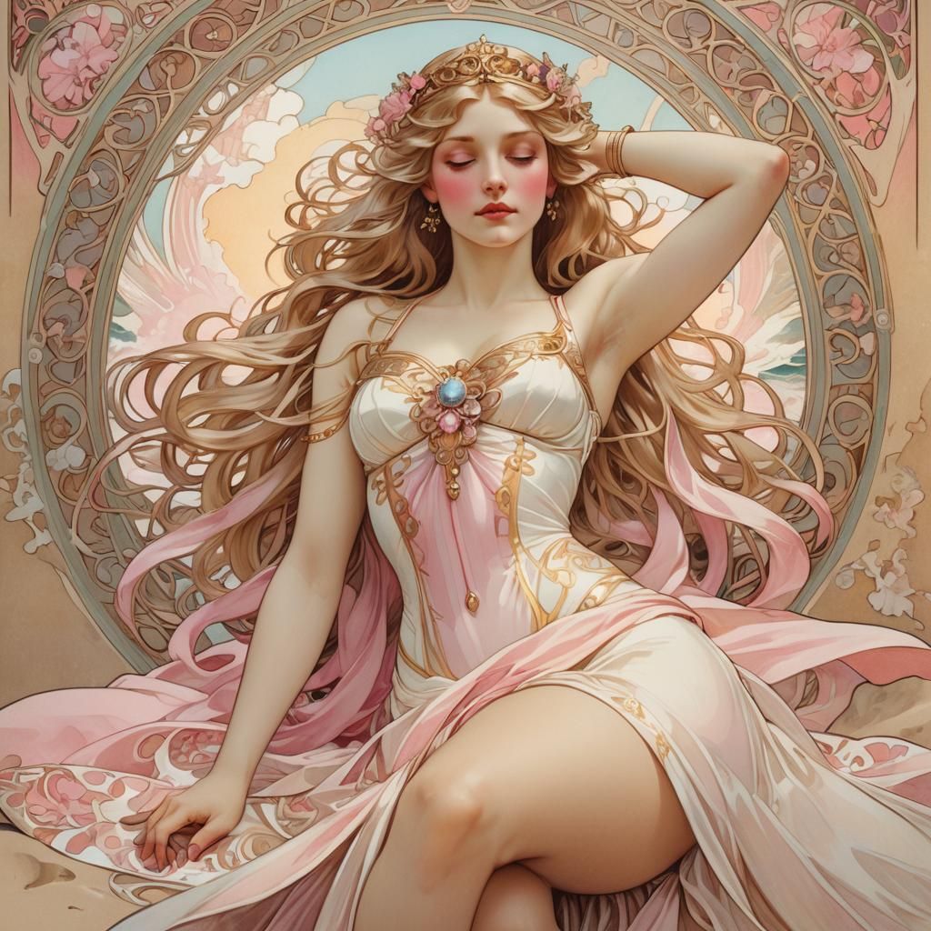 Aurora on the Beach in Art Nouveau Style