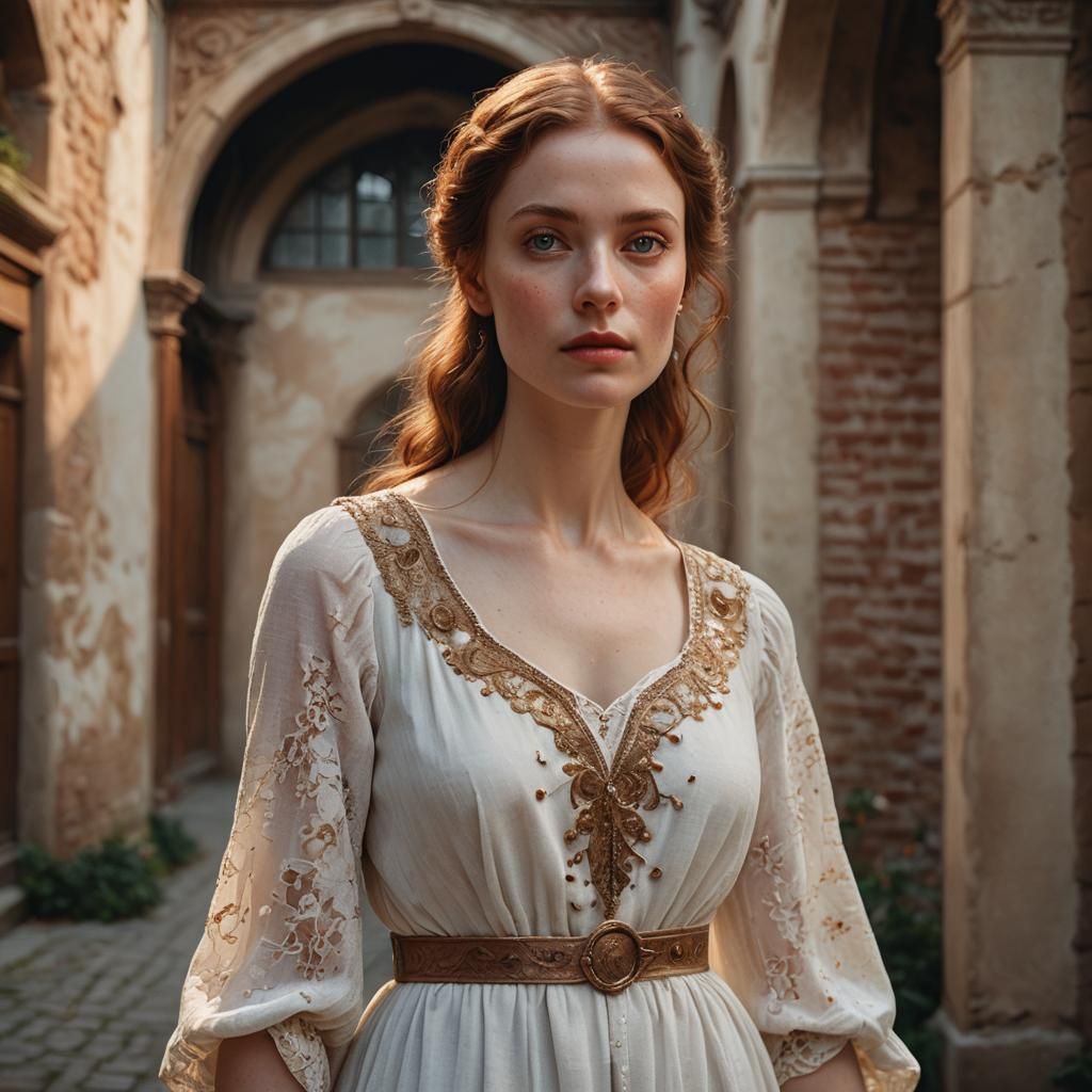 Renaissance Woman in Courtyard with Golden Light