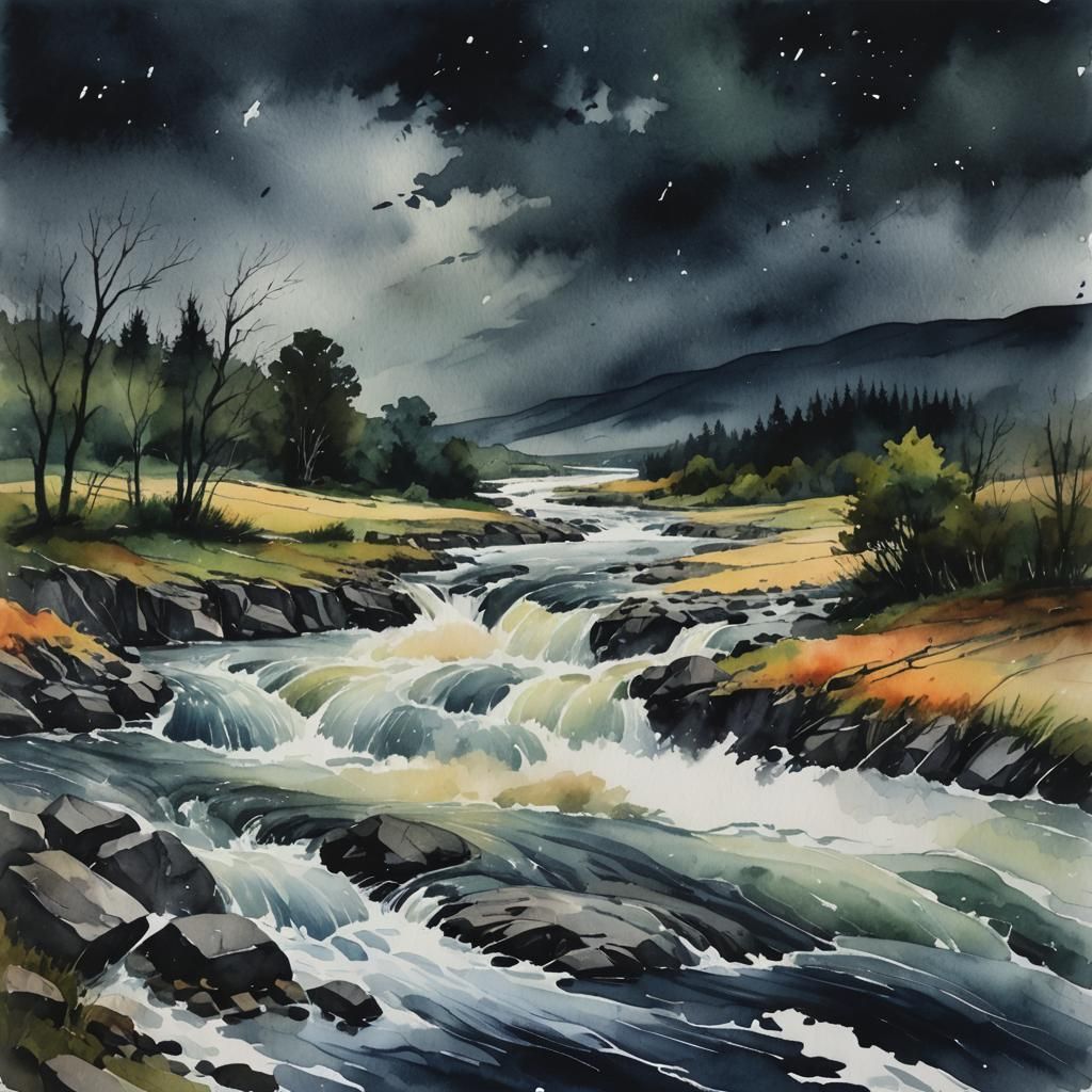 Moody Watercolor River Landscape Under Thunderstorm