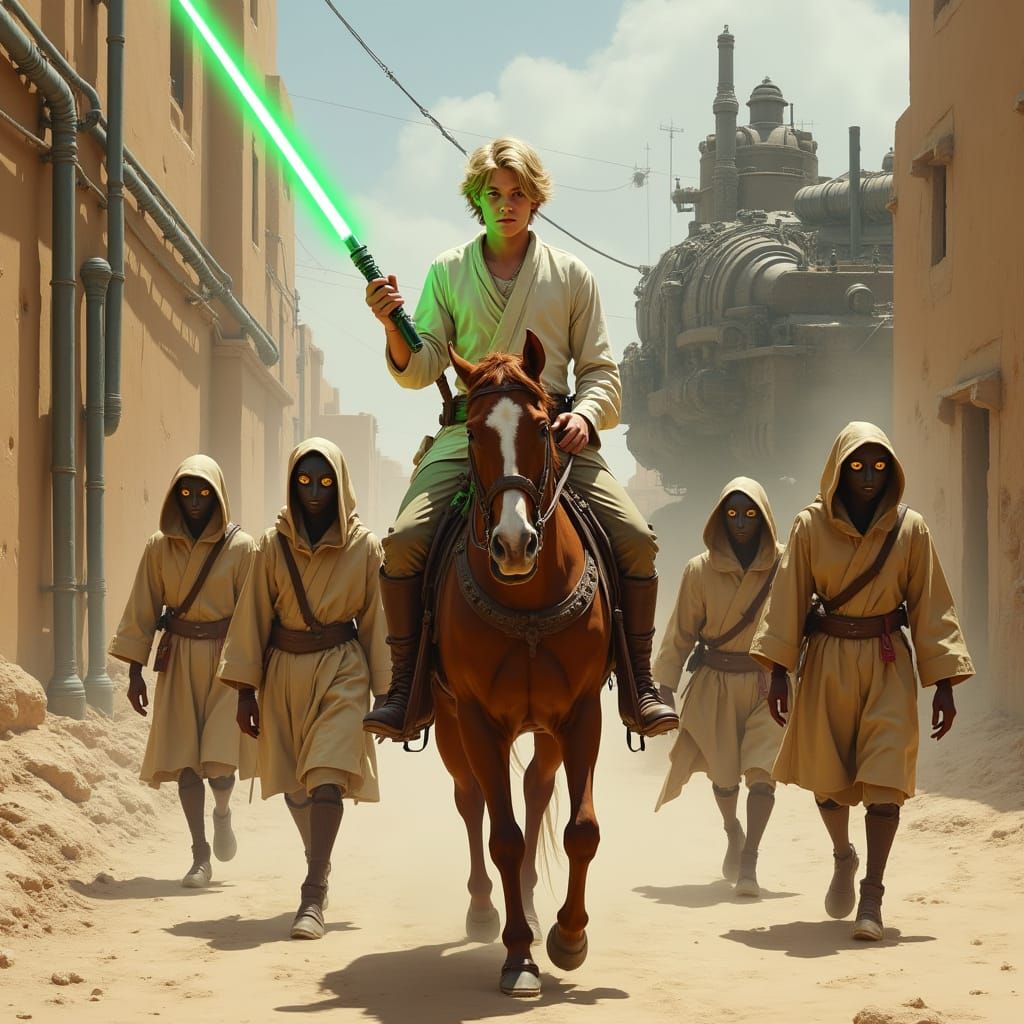 Gritty Hyperrealistic Scene with Lightsaber Rider