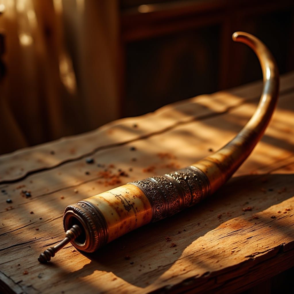 Ram's Horn Shofar on Wooden Table in Golden Hour Light