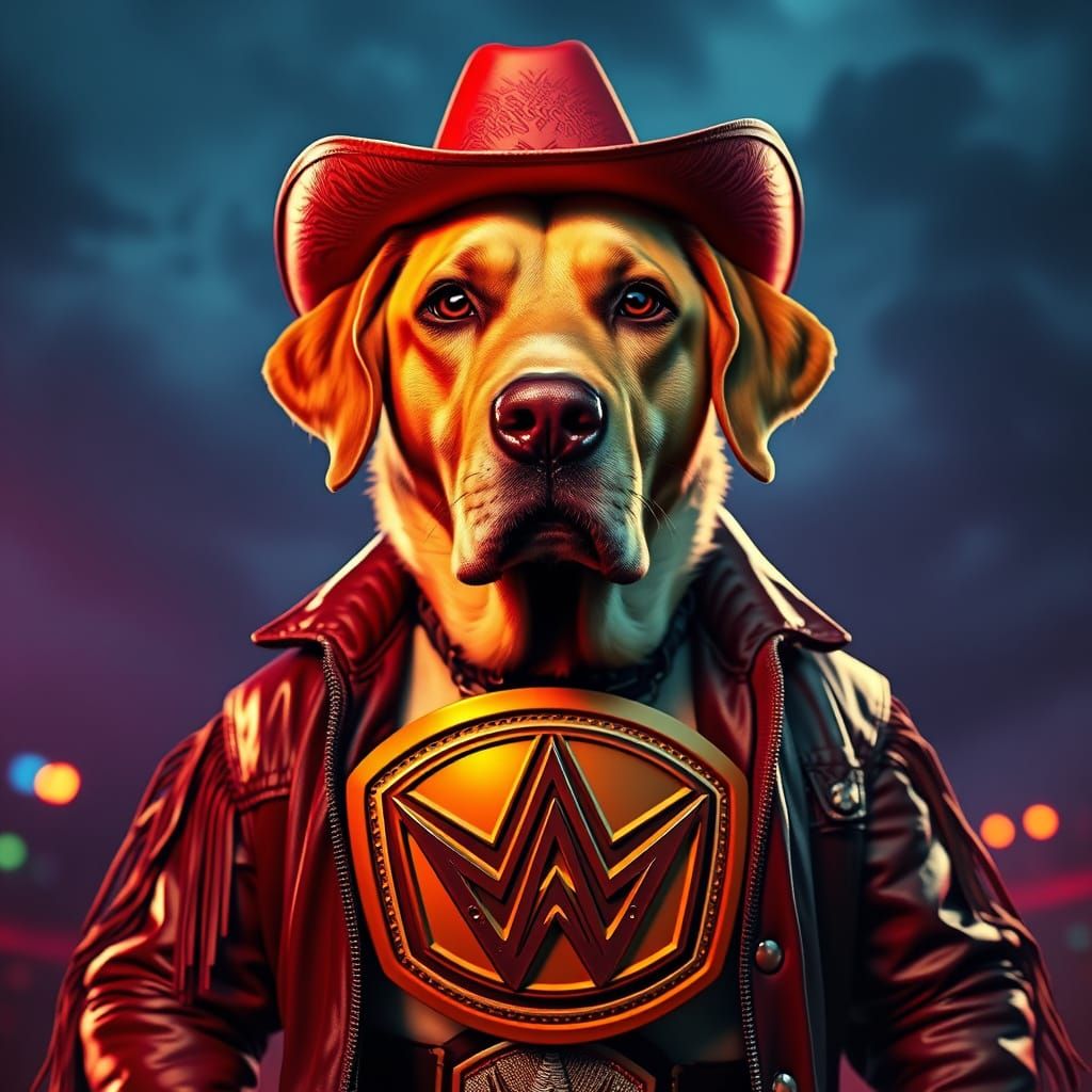 Macho Man Labrador in 80s WWE Attire