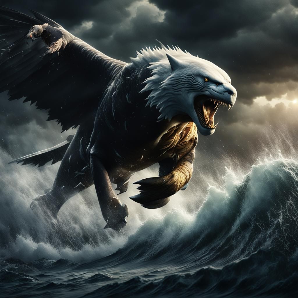Majestic Hybrid Creature Soars in Stormy Sky