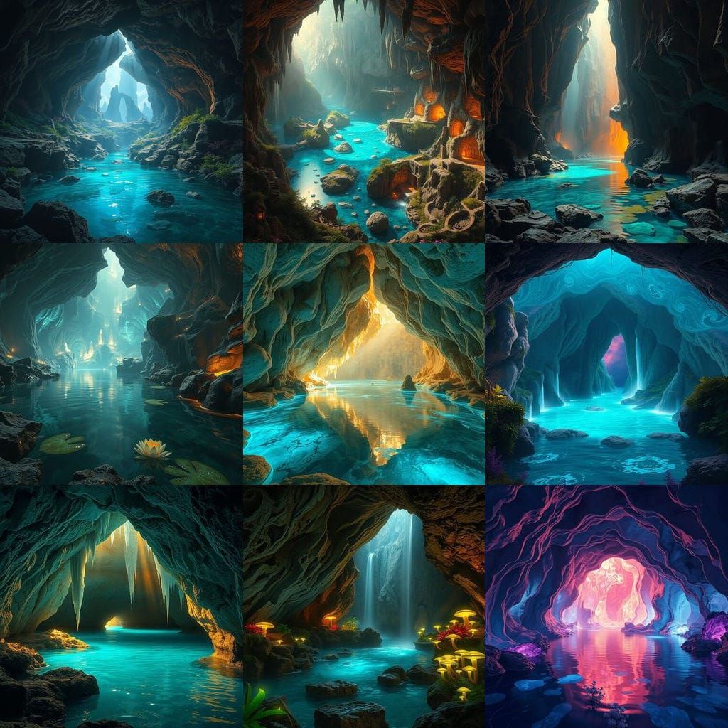 Surreal Cave Reveals Crystal Water in Vibrant, Detailed Fant...