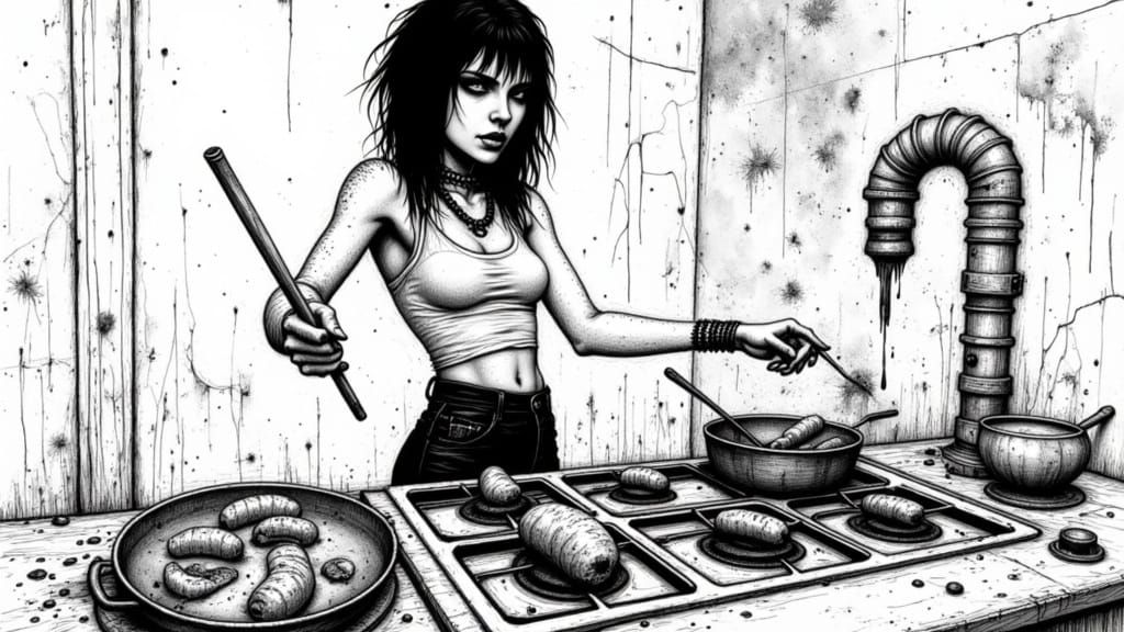 Punk Goth Drummer Girl Frying Sausage in Trashed Kitchen