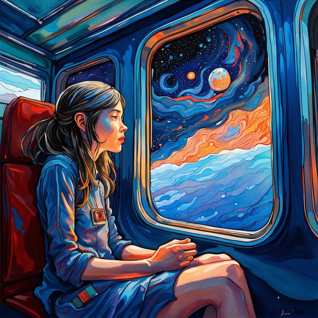 Girl on Train to Outer Space, Gouache Painting