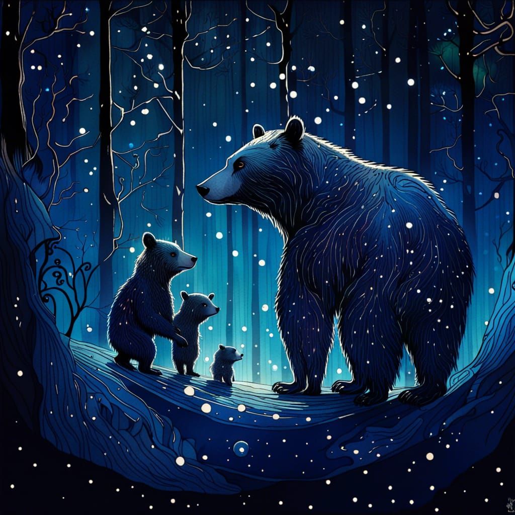Starry Bears in a Gothic Storybook Illustration