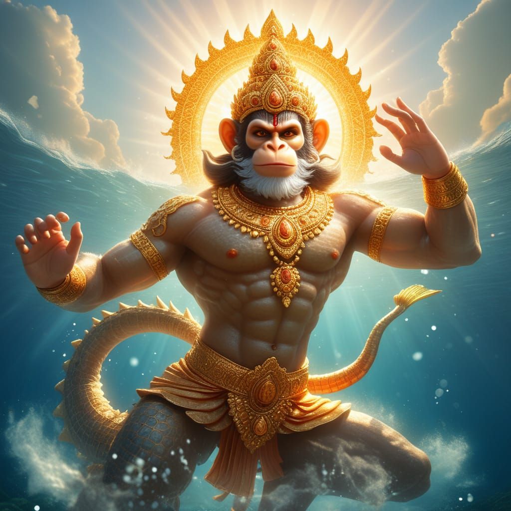 Golden Hanuman Leaps Over the Ocean