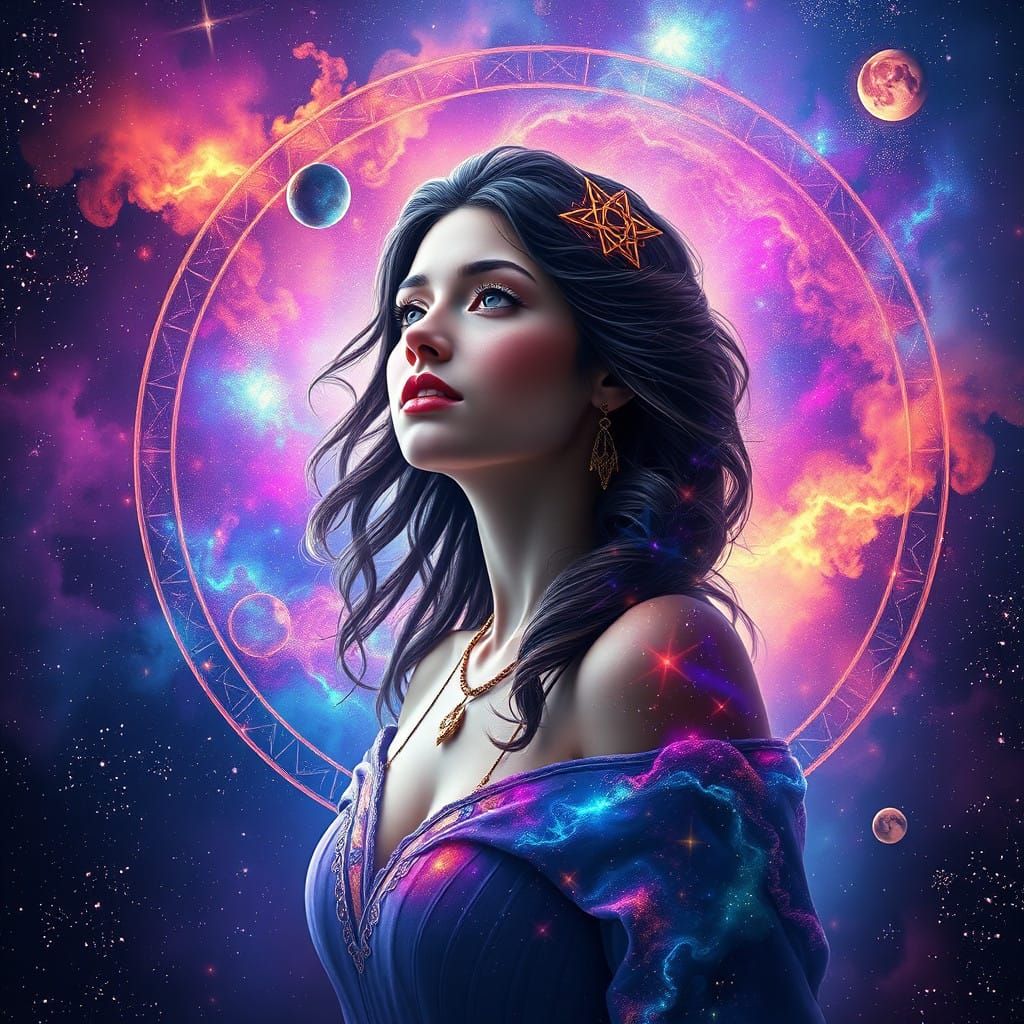A Woman Amongst a Vibrant Multicolored Galaxy