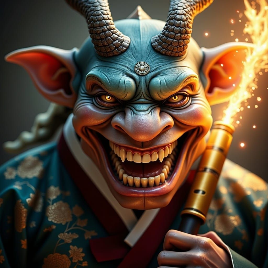 Fierce Dokkaebi Goblin Portrait in Korean Hanbok