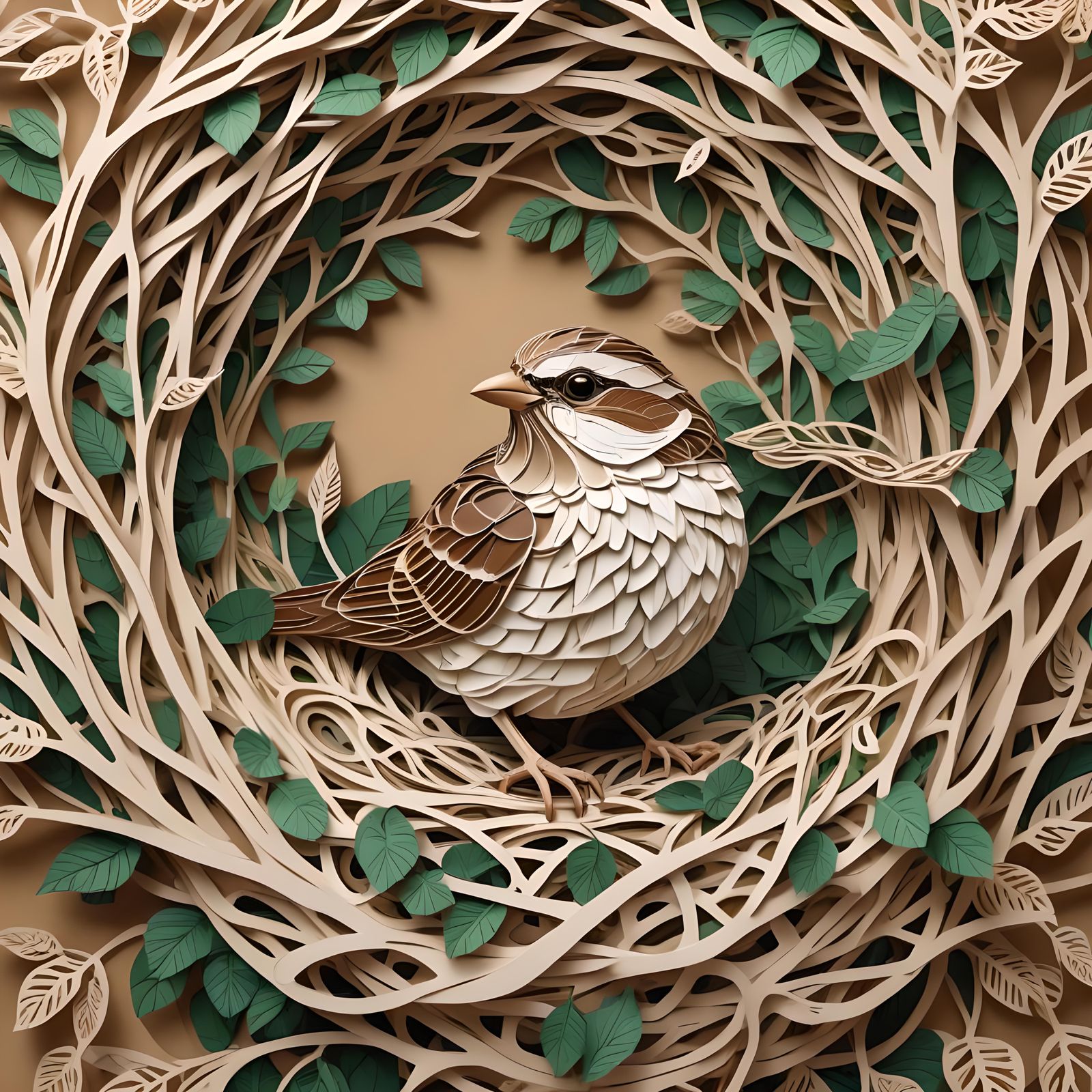 Kirigami English House Sparrow on Entwined Nest