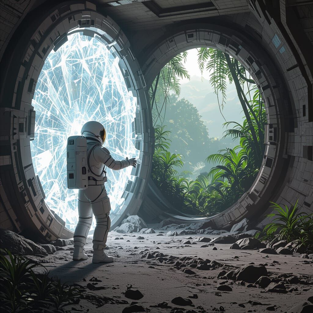 Astronaut and Crystalline Portal on Alien World