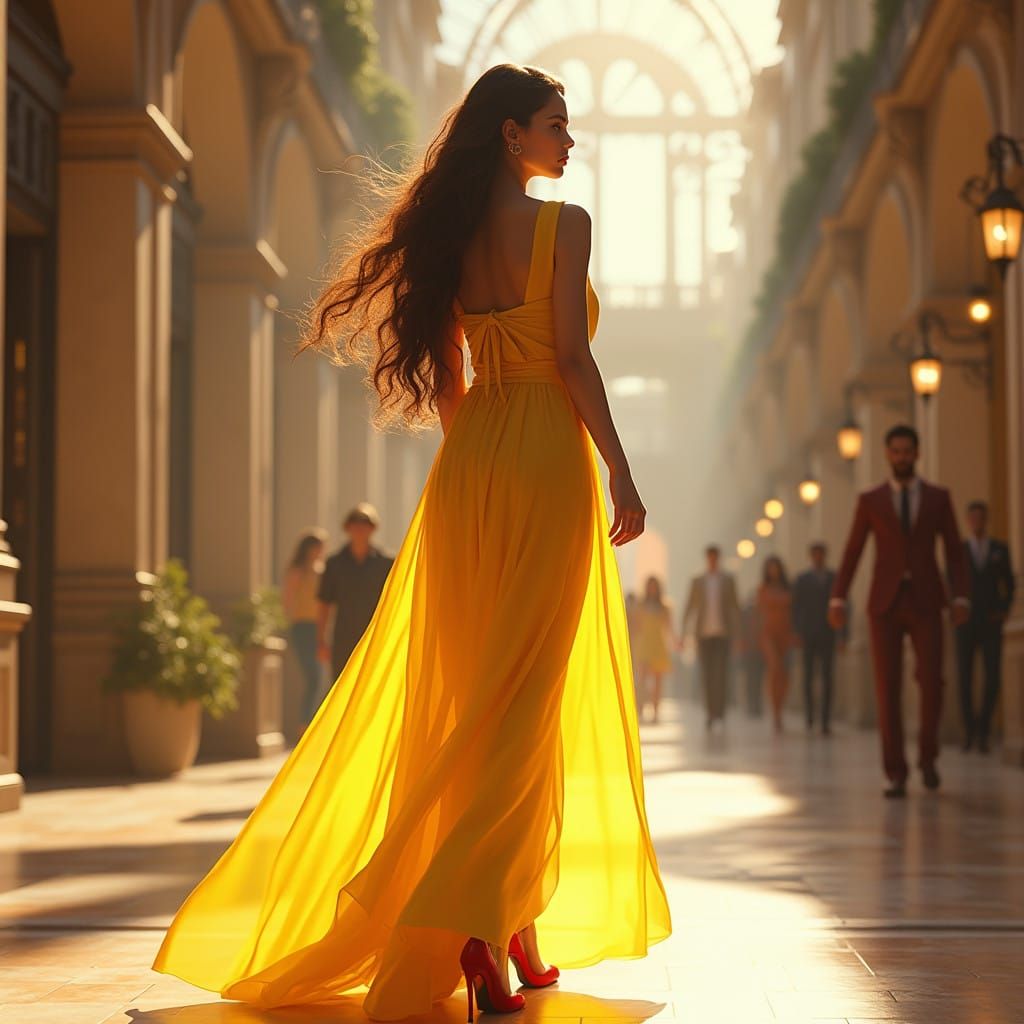 Elegant Woman in Yellow Dress Walking Through Mall in a Cybe...