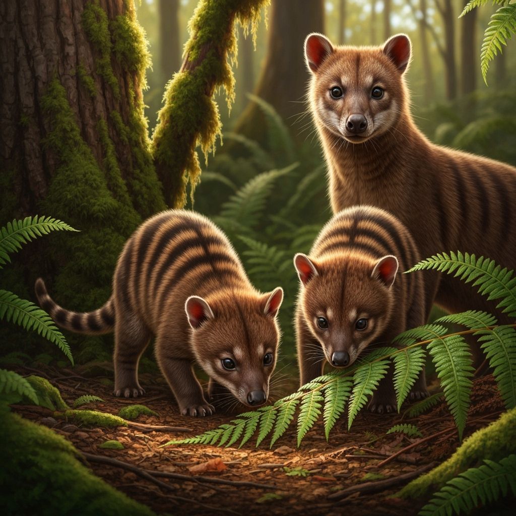 Curious extinct thylacine pups and a watchful parent