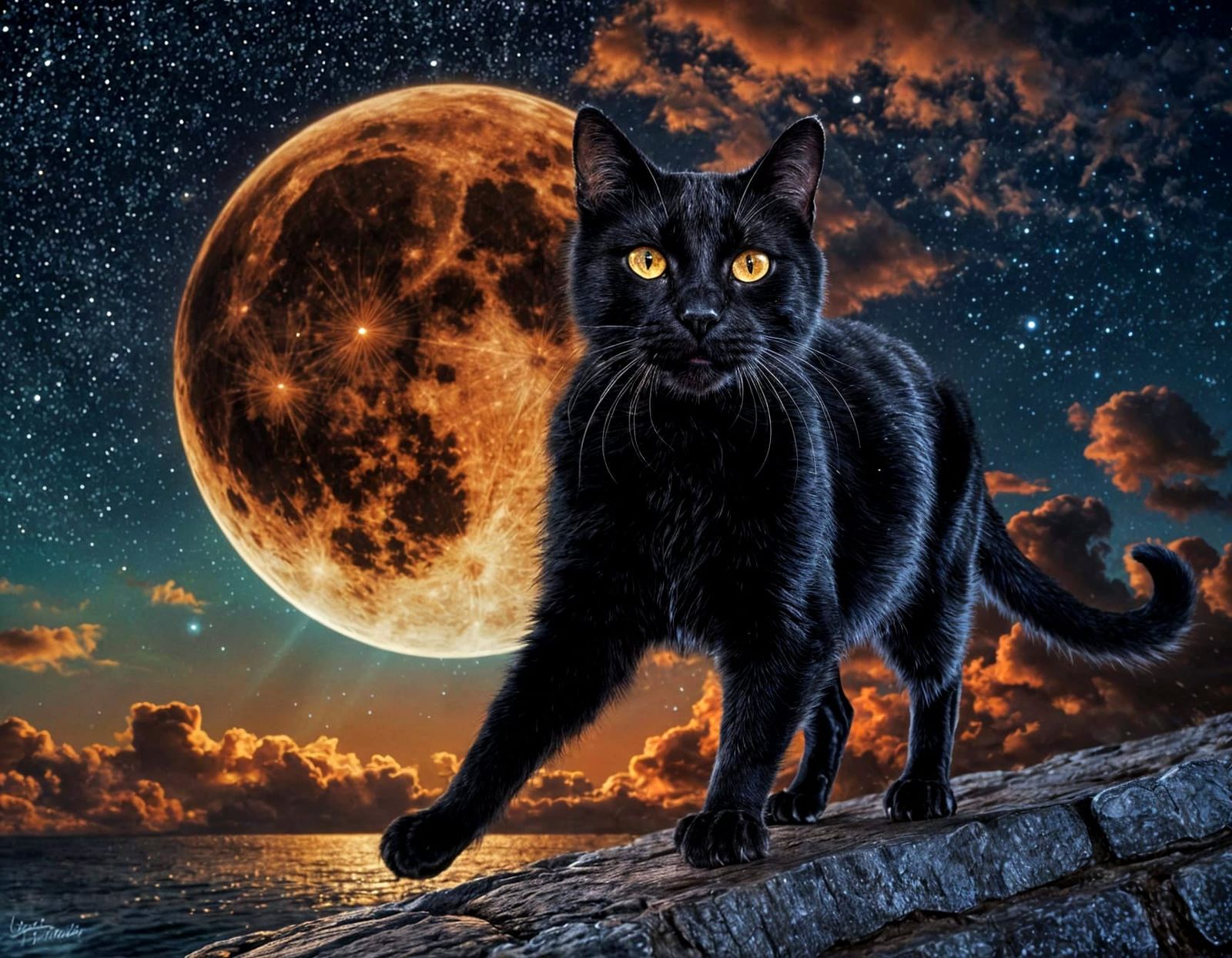 Black Cat Crossing a Full Moon in Hyperrealism