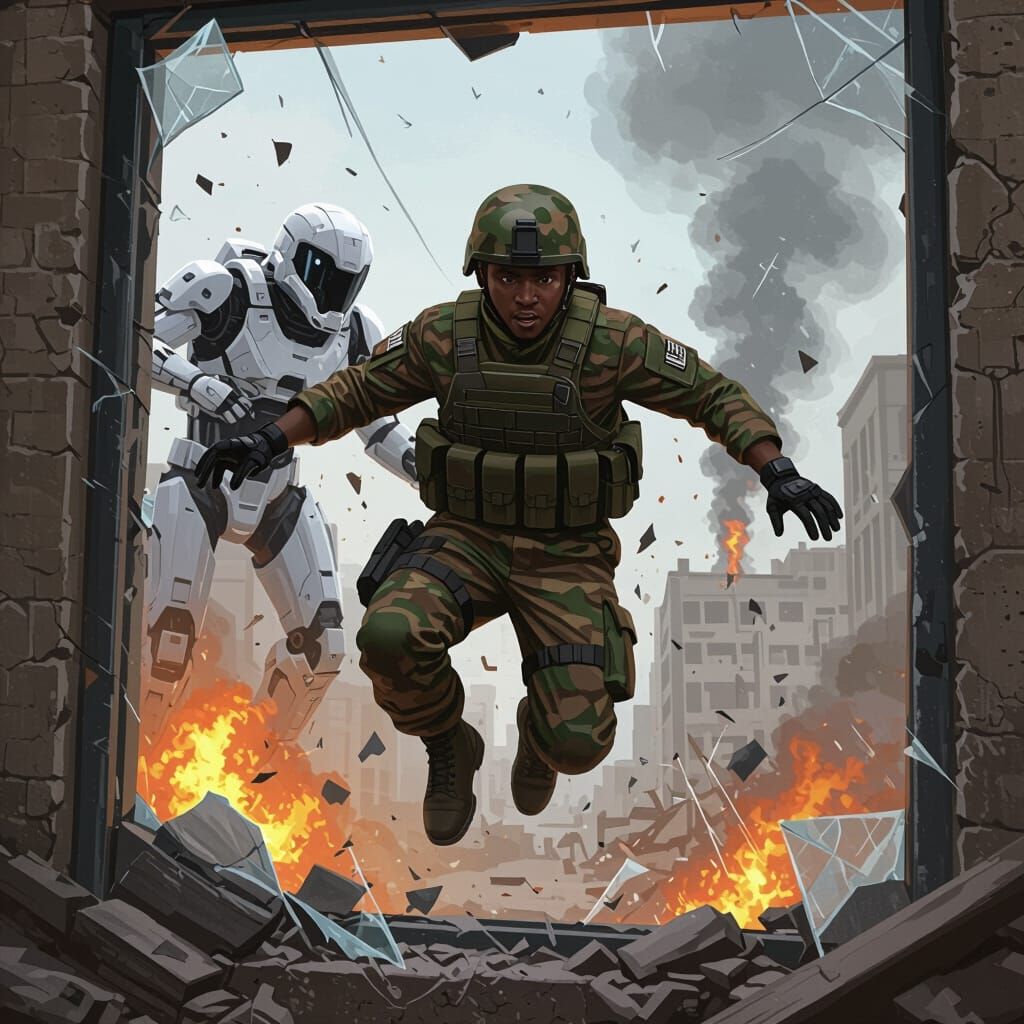 Soldier and Armored Figure in War-Torn City