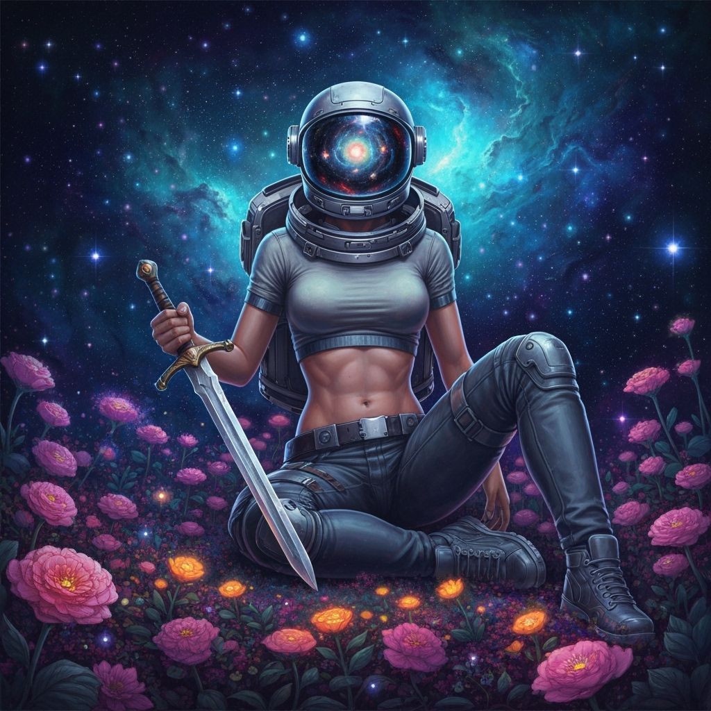 Astronaut in Cosmic Garden with Ancient Sword