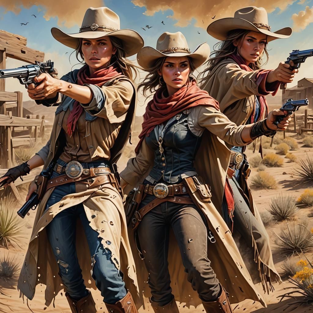 Hyperrealistic Gunslinger Sisters in Barren Landscape