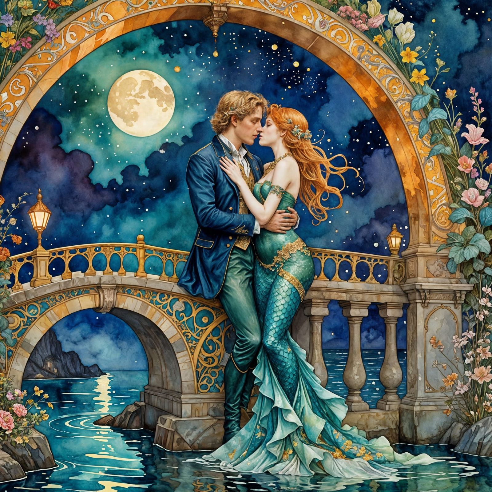Mermaid and Prince Kiss in Art Nouveau Style
