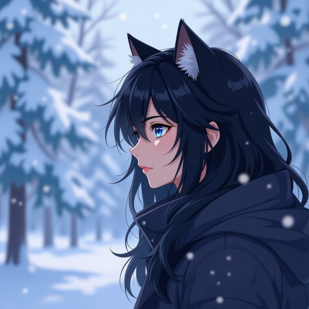 Anime Cat Boy in Snowy Forest, Cel-Shaded Style