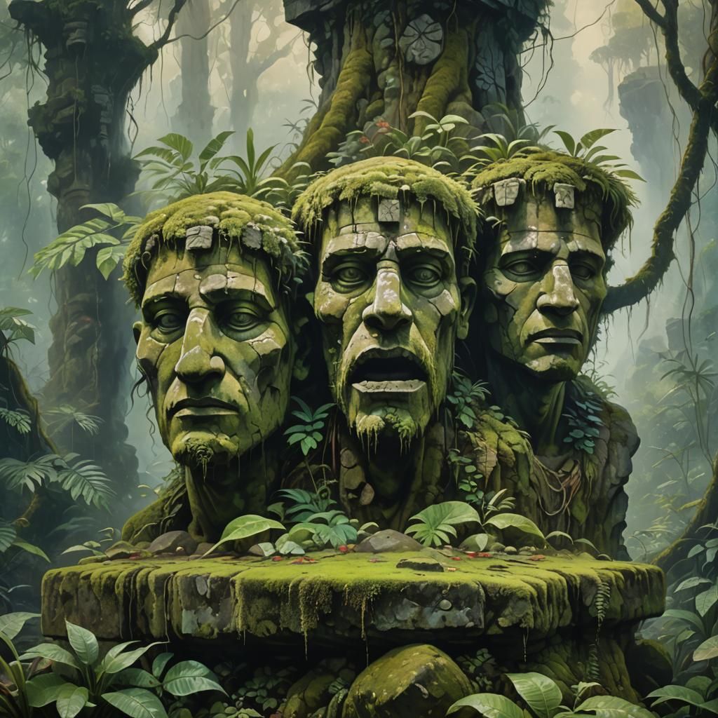 Mystical Stone Heads in Jungle Oil Painting