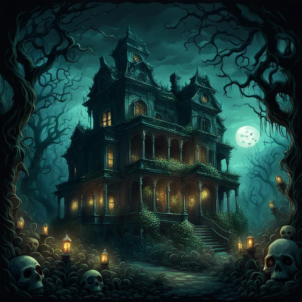 Eerie Haunted Mansion with Skull Garden: Digital Illustratio...