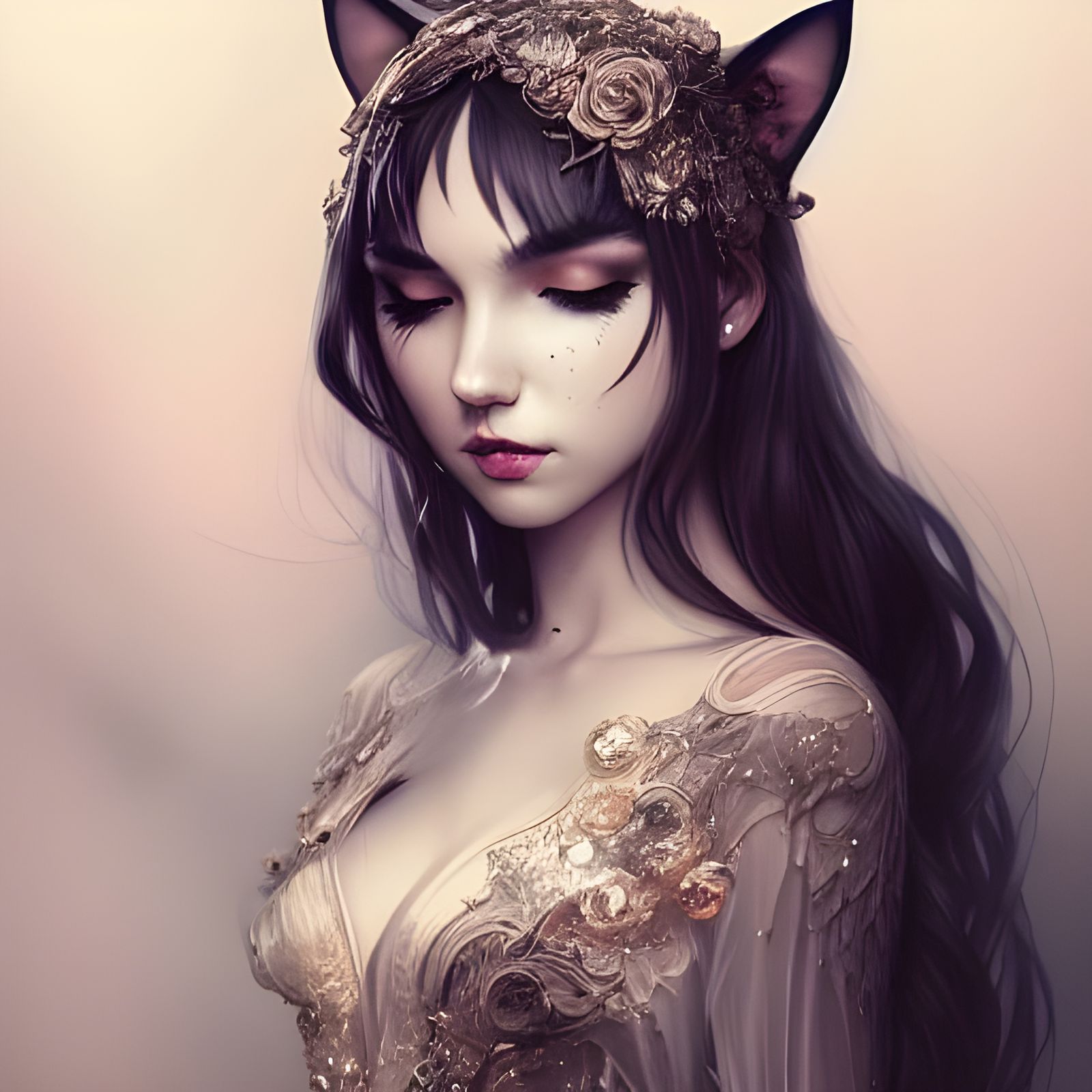 Cat-Eared Woman in Glittering Dress: Digital Art