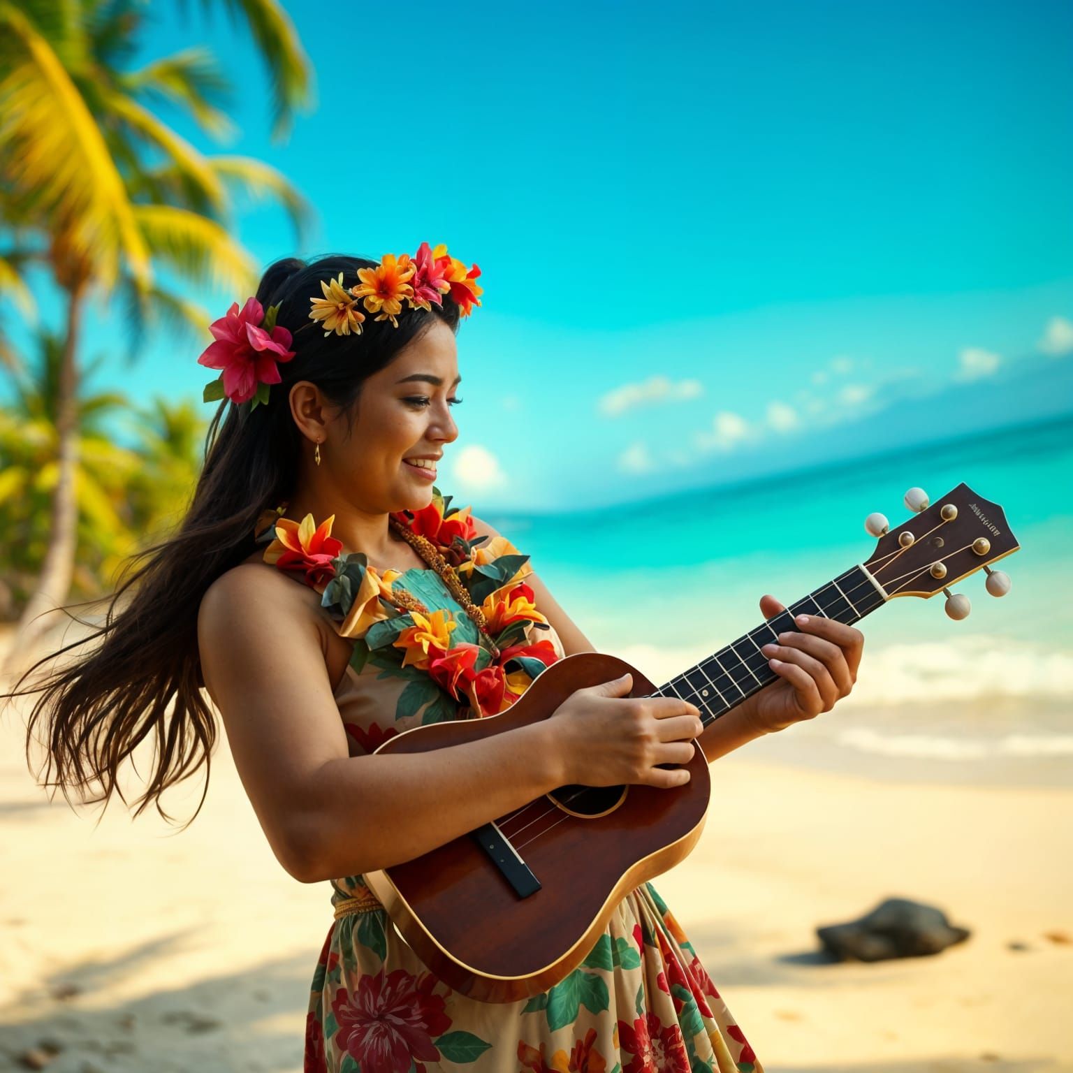 Hawaiian Woman Plays Ukulele on Tropical Beach