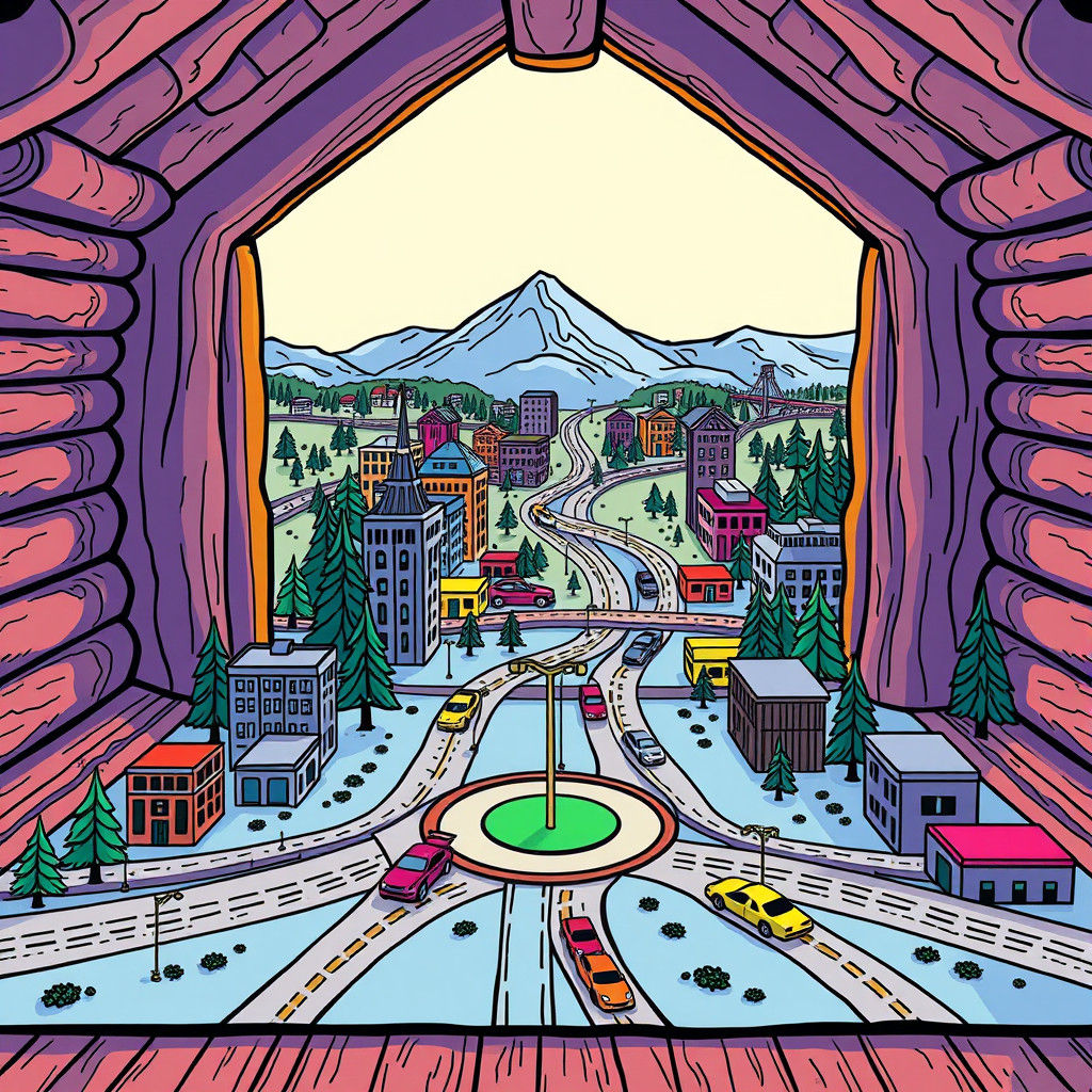 Colorful Vector Art Rug Depicting Toy Car Cityscape