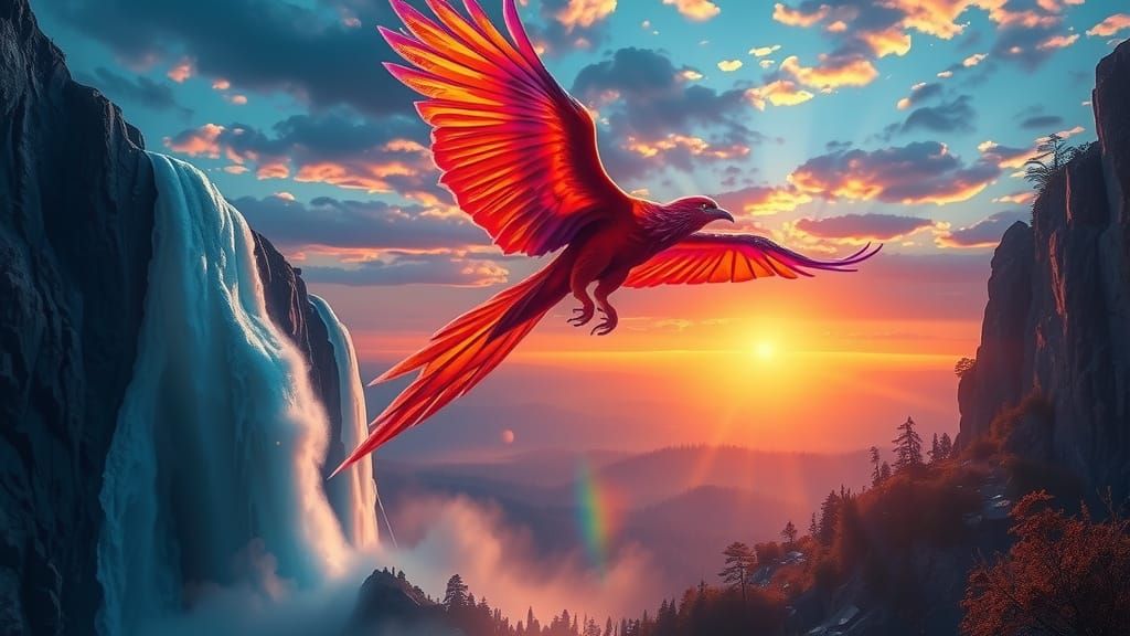 Phoenix Soaring Above Crystal Waterfall at Sunrise