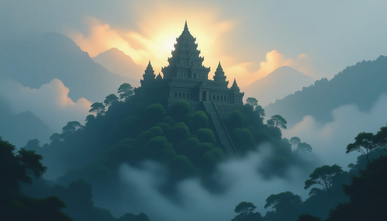 Mystical Temple on Forest Hill in Cinematic Matte Painting S...