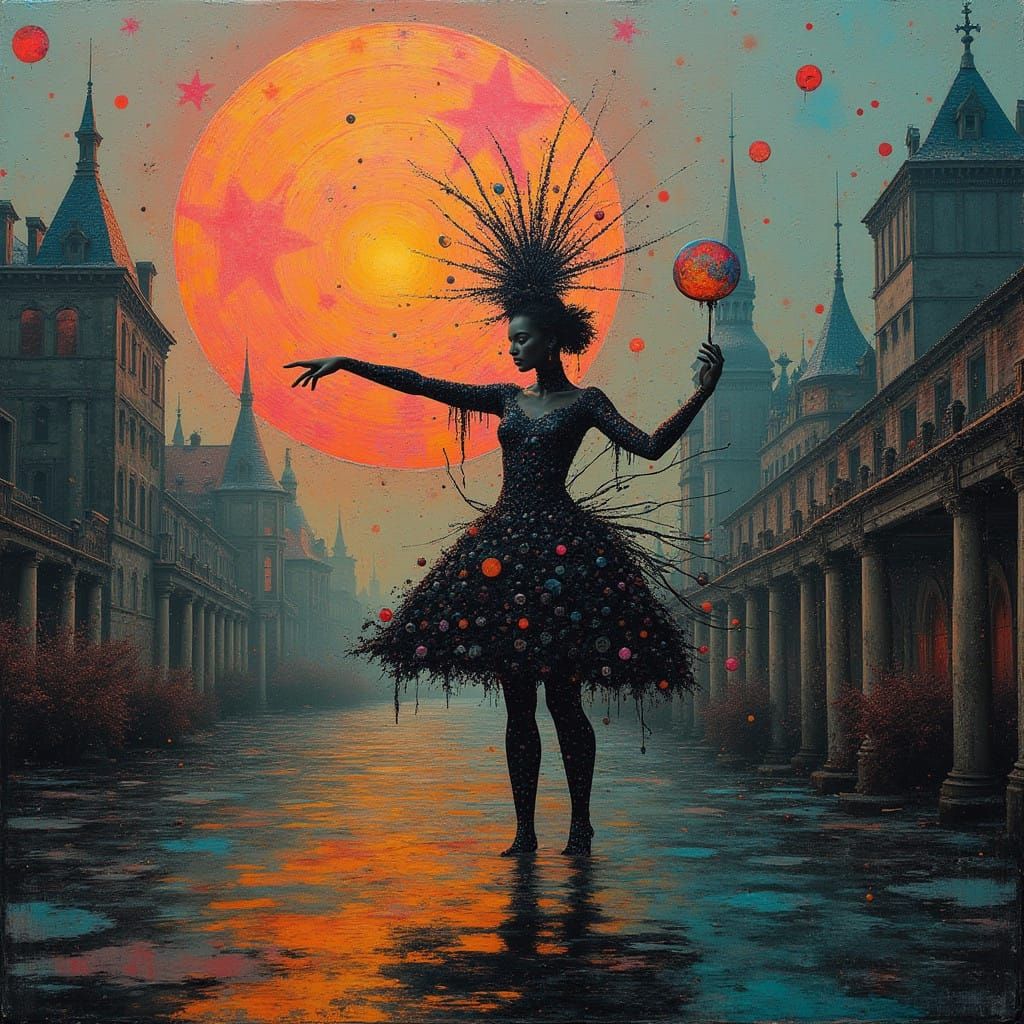 Surreal Townpunk Dreamscape in Vibrant Encaustic Wax