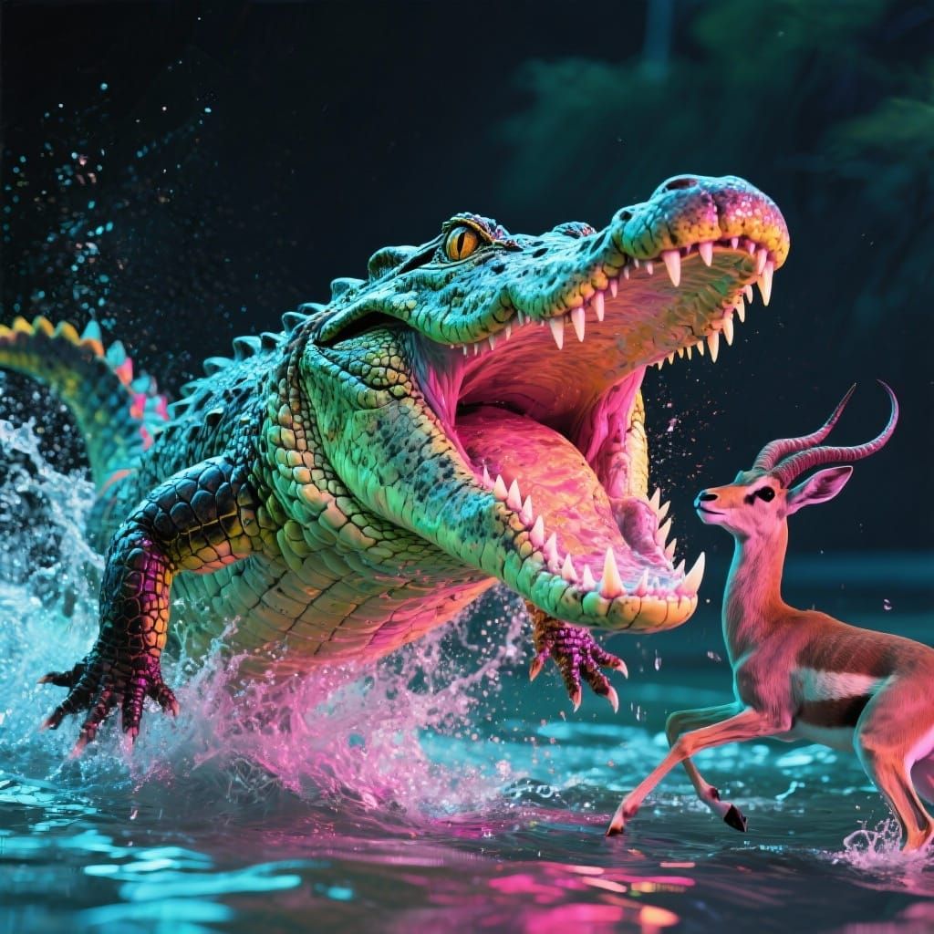 Crocodile Leaping at Antelope in Neon Colors