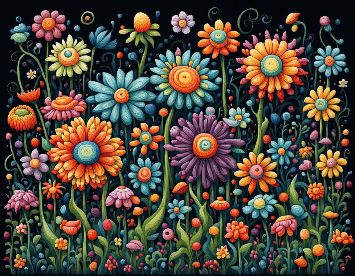 Abstract Spring Flowers in Tim Burton Pixel Art