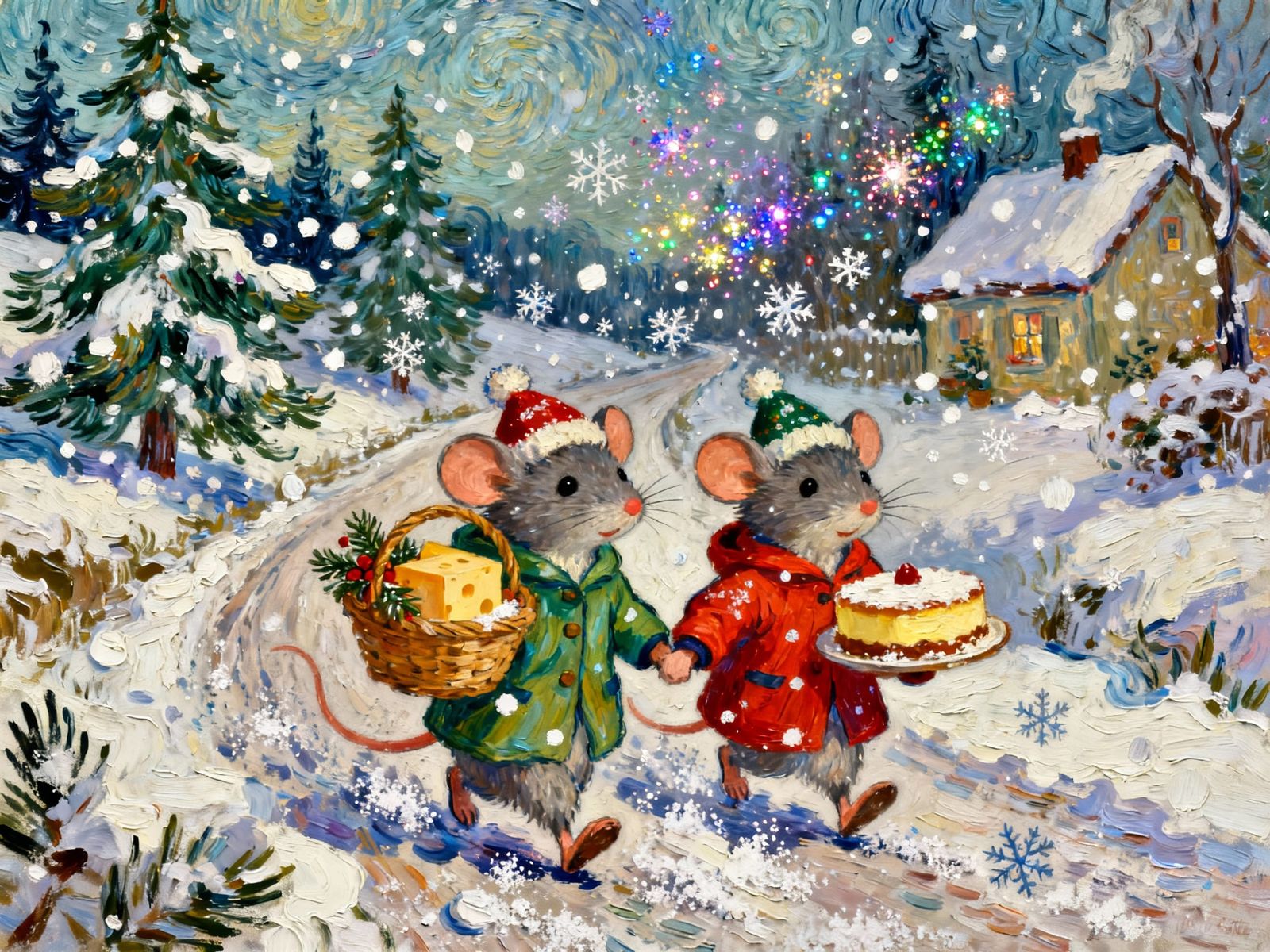 Cute Mice Carry Christmas Treats Through Snowy Wonderland
