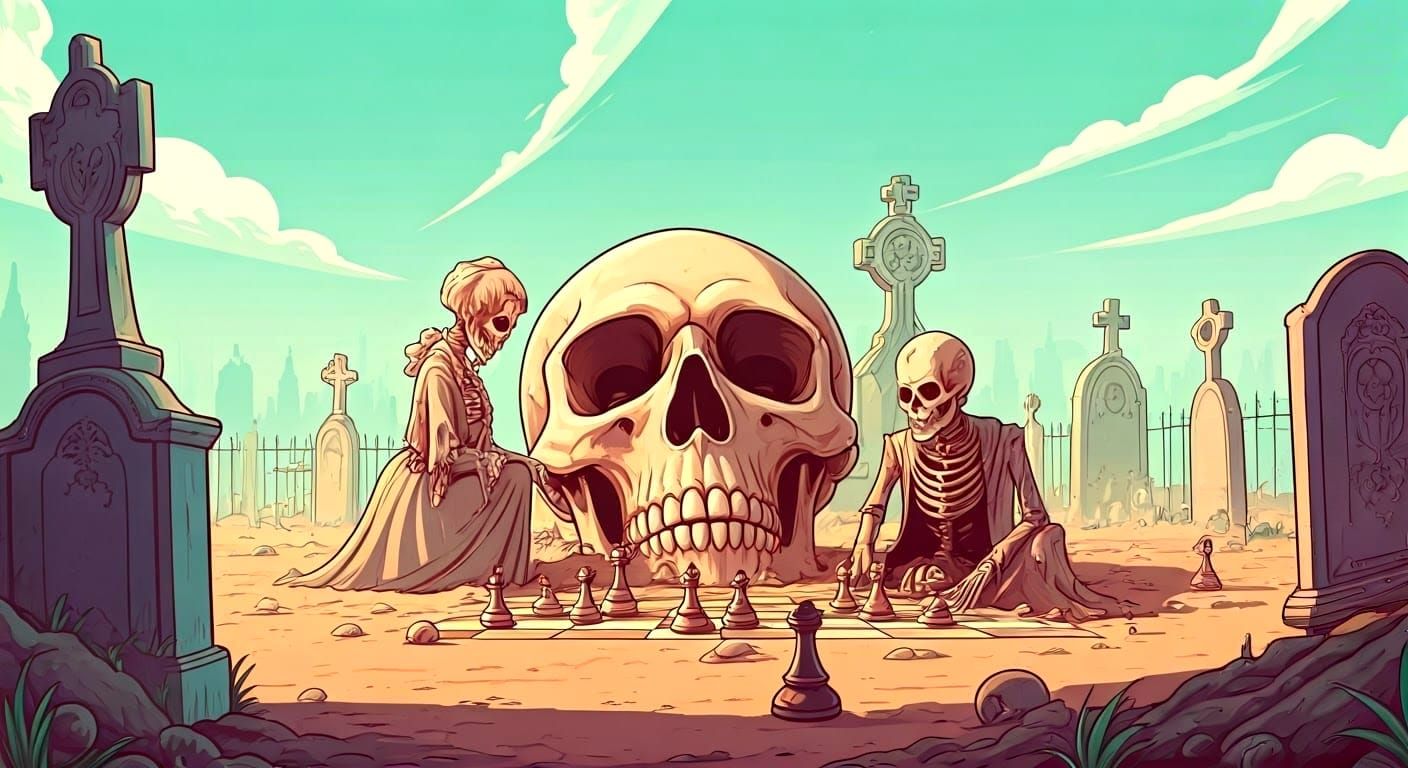 Surreal Cemetery with Oversized Skulls and Chess-Playing Ske...