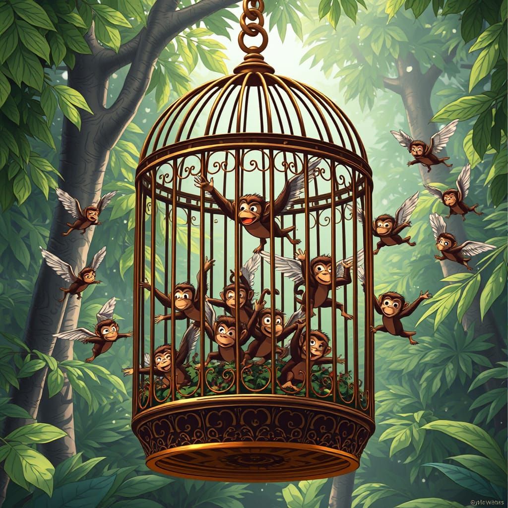Ornate Birdcage Overflowing With Mischievous Flying Monkeys
