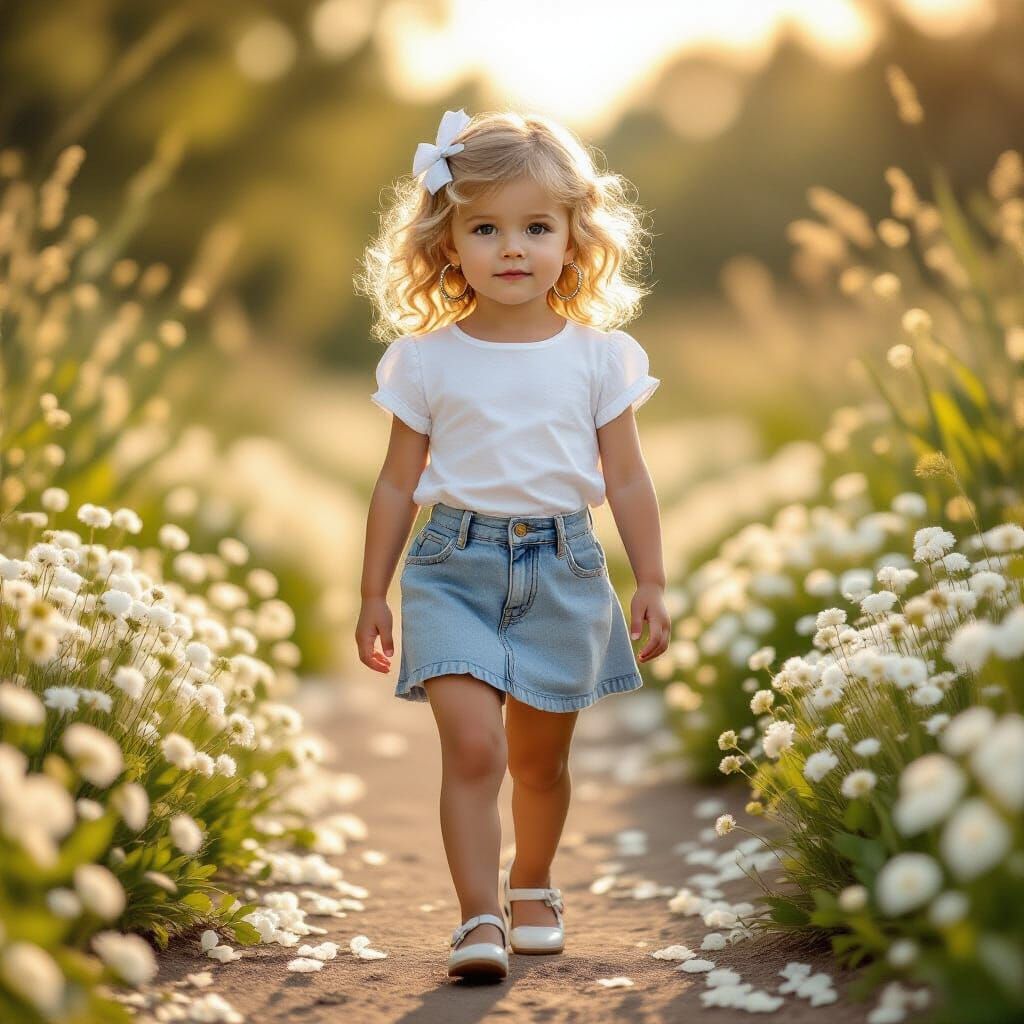 Girl in Denim Skirt Walks Through White Flowers