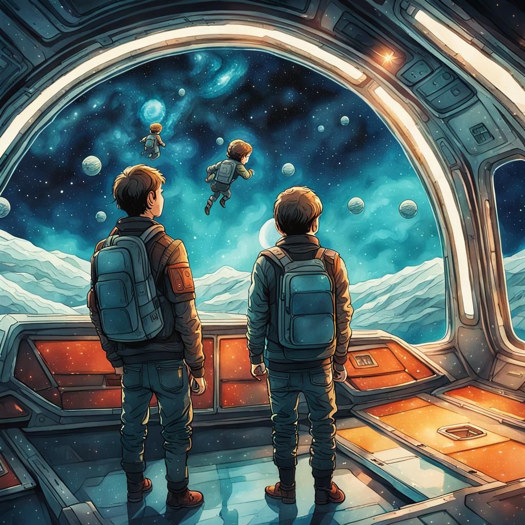 Brothers in Spaceship: Anime Watercolor Stargazing