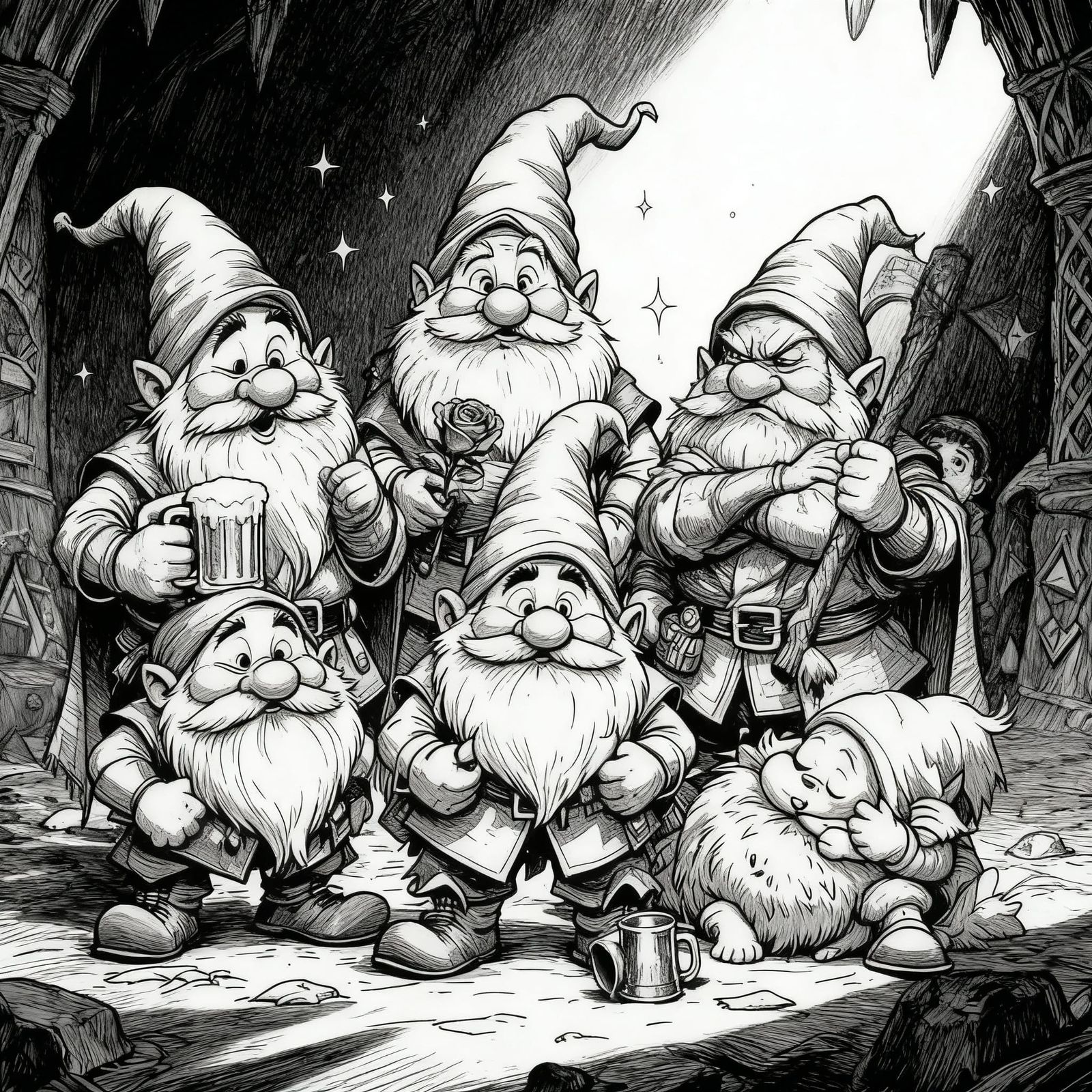 7 Dwarfs in D&D Style: Detailed Black and White Sketch