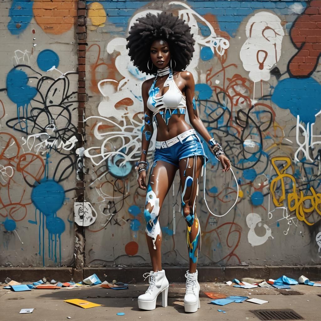 Afro ebony, skinny, long leged, white under knee high heel lace up platform boots,blue latex shorts, latex bikini top, f...