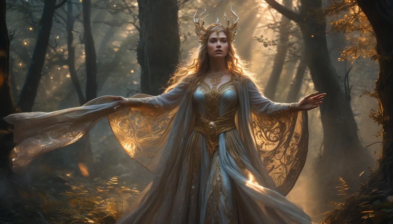 Mystical Sorceress in Glowing Forest: Ethereal Fantasy Art