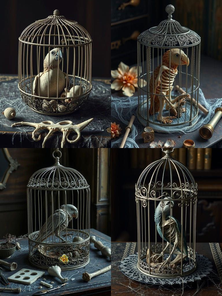 Ornate Silver Birdcage with Parrot Remains