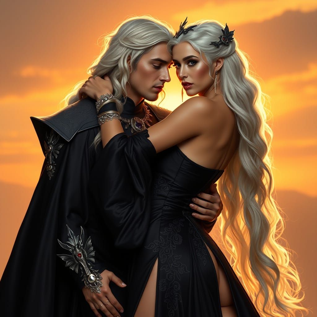 Regal Targaryen Queen in Opulent Black Gown and Valyrian Ste...