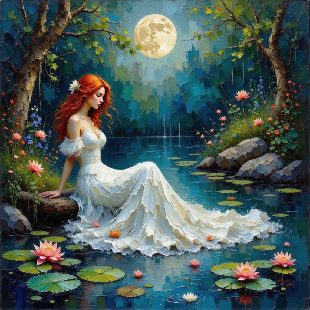 Red-Haired Woman in Moonlit Pond as Oil Painting