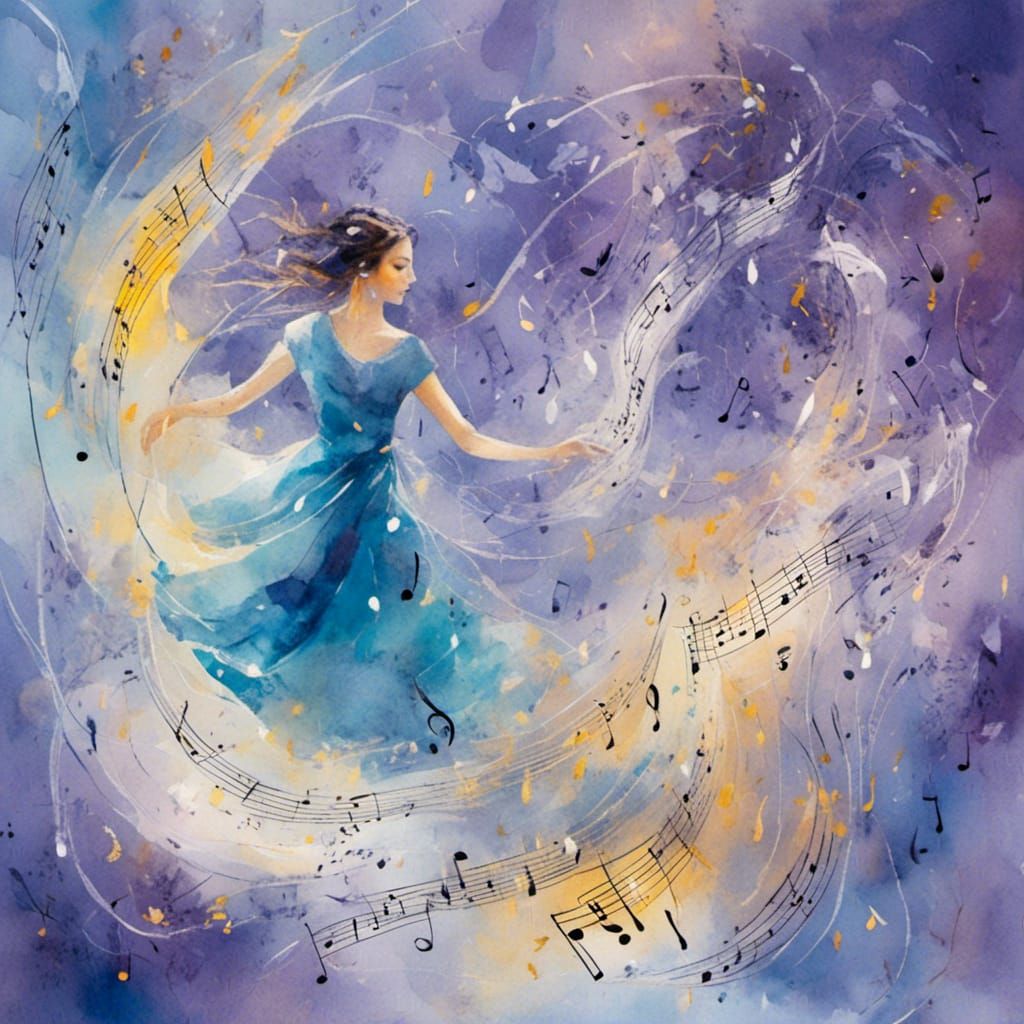 Woman Dancing in Rain of Music: Whimsical Watercolor